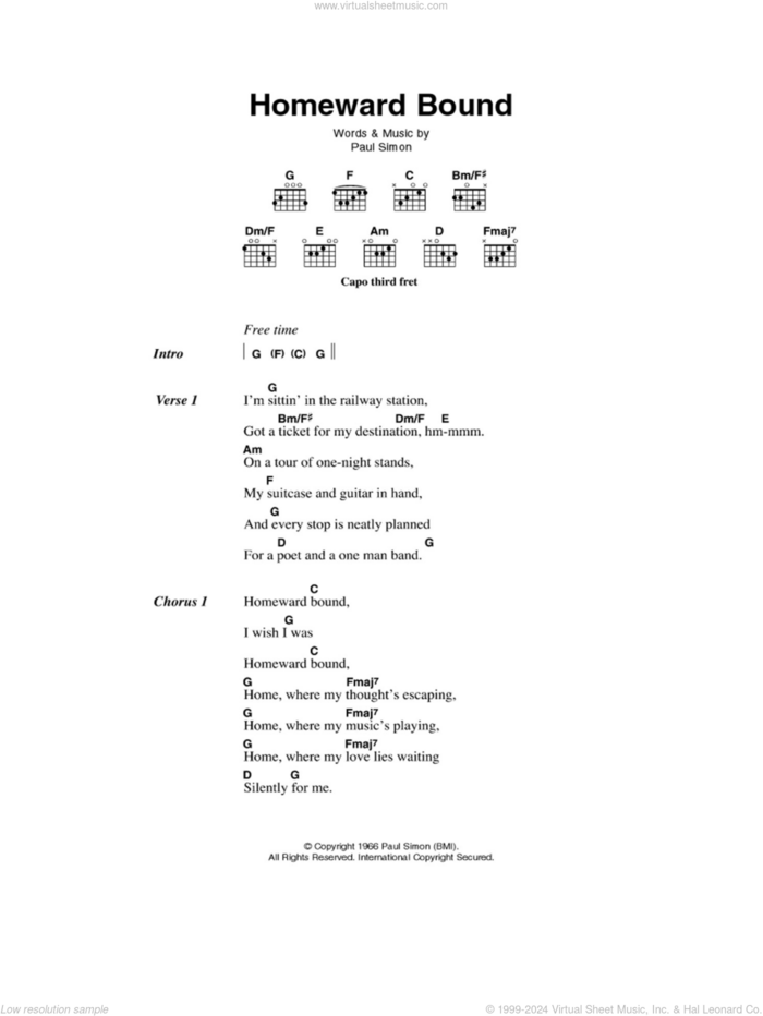 Homeward Bound sheet music for guitar (chords) by Simon & Garfunkel and Paul Simon, intermediate skill level