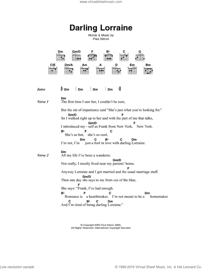 Darling Lorraine sheet music for guitar (chords) by Paul Simon, intermediate skill level