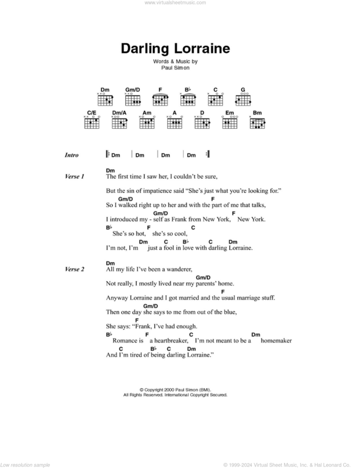 Darling Lorraine sheet music for guitar (chords) by Paul Simon, intermediate skill level