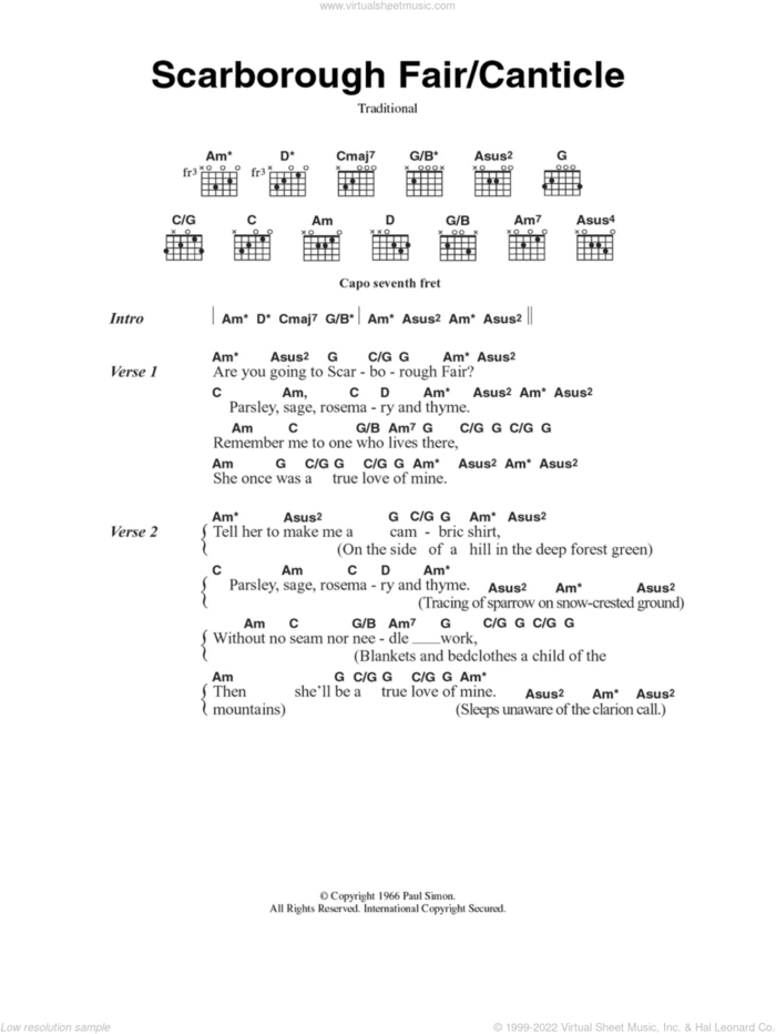 Scarborough Fair/Canticle sheet music for guitar (chords) by Simon & Garfunkel, Art Garfunkel, Paul Simon and Miscellaneous, intermediate skill level