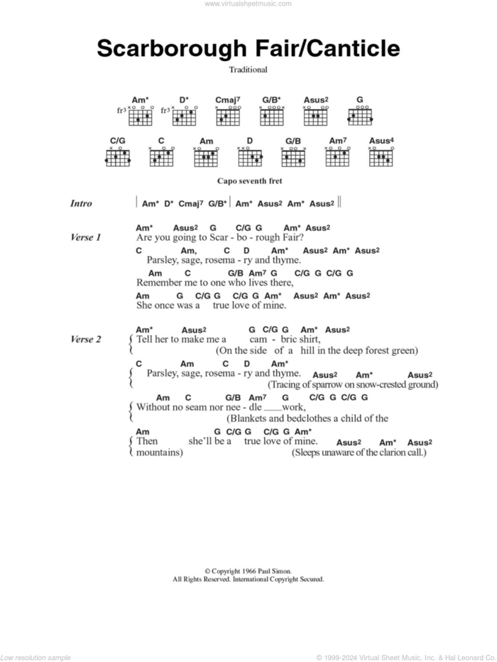 Scarborough Fair/Canticle sheet music for guitar (chords) by Simon & Garfunkel, Art Garfunkel, Paul Simon and Miscellaneous, intermediate skill level