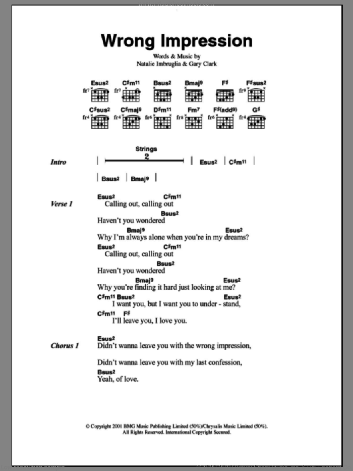 Wrong Impression sheet music for guitar (chords) by Natalie Imbruglia and Gary Clark, intermediate skill level