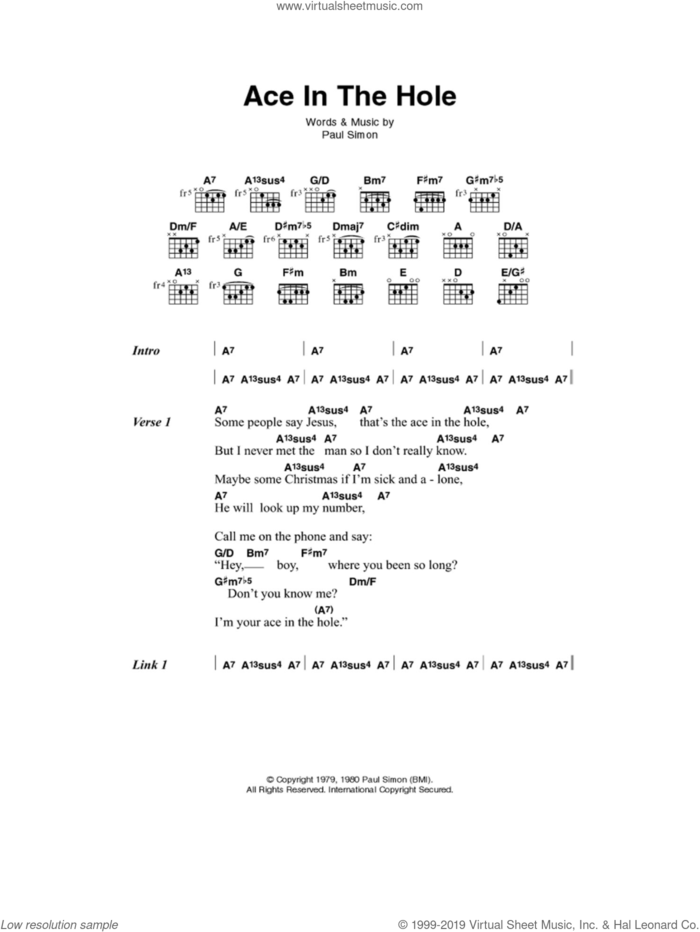Ace In The Hole sheet music for guitar (chords) by Paul Simon, intermediate skill level