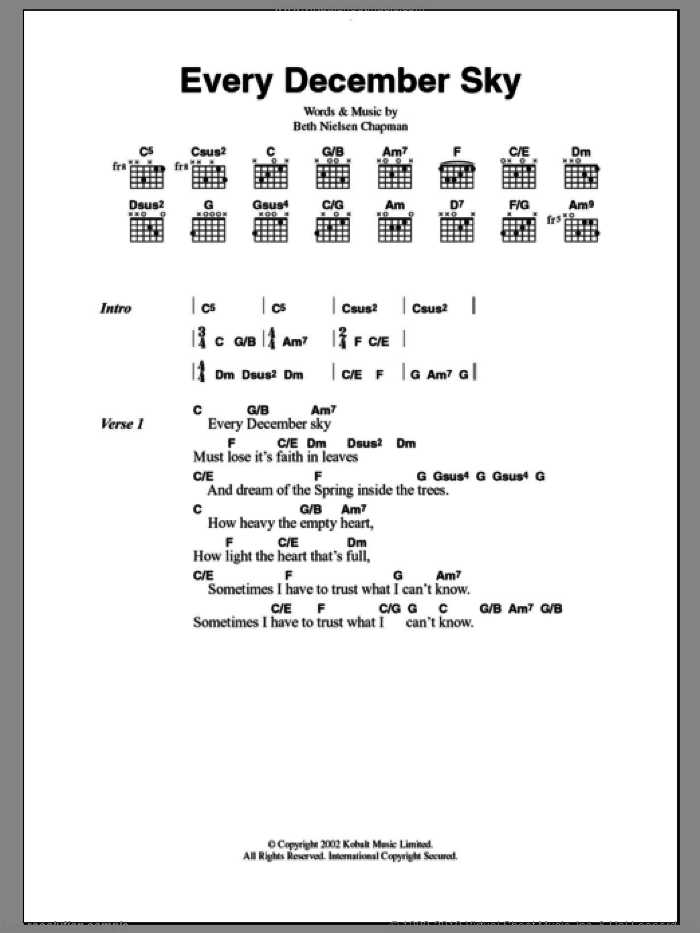 Every December Sky sheet music for guitar (chords) by Beth Nielsen Chapman, intermediate skill level