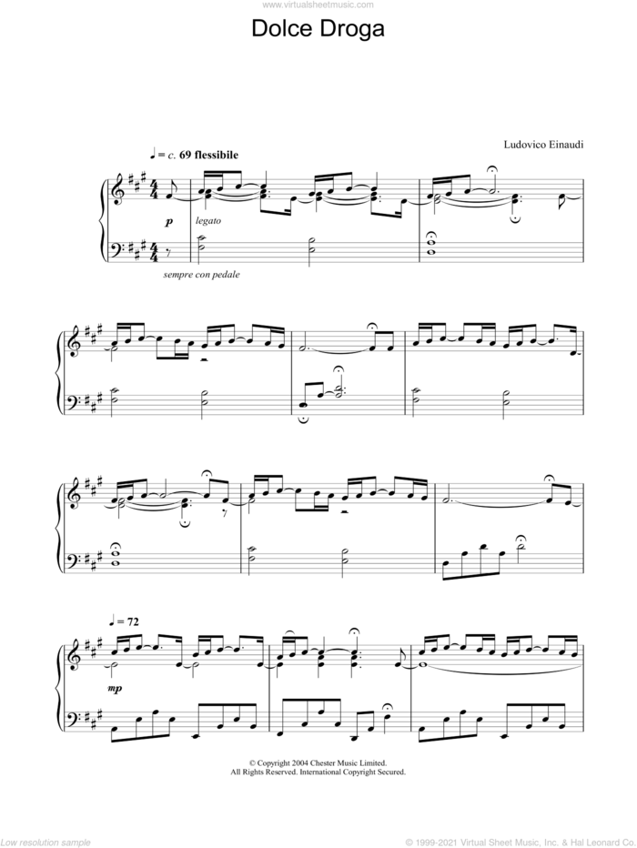 Dolce Droga sheet music for piano solo by Ludovico Einaudi, classical score, intermediate skill level
