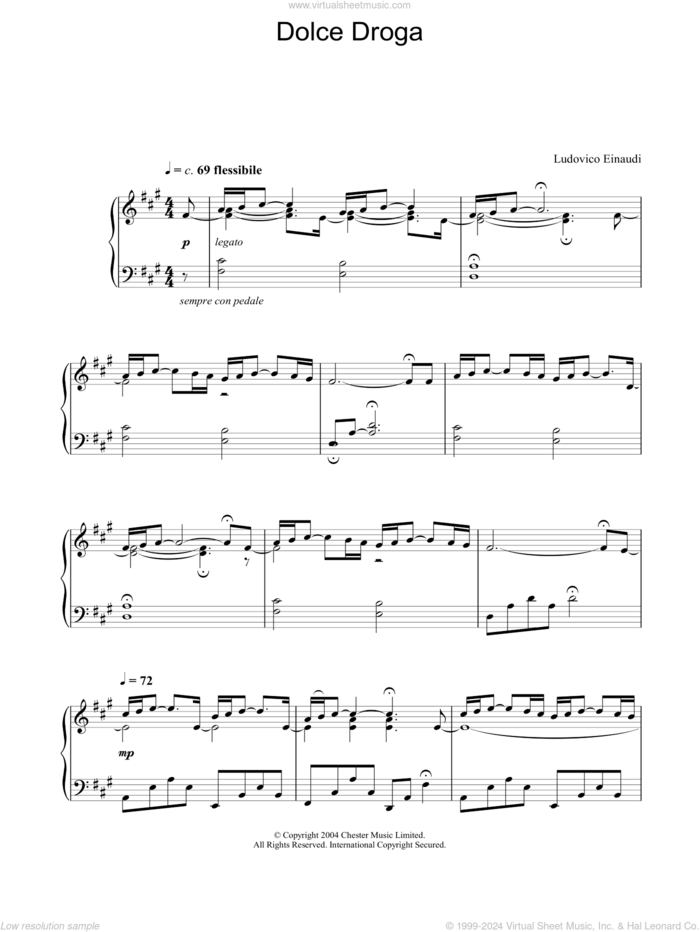 Dolce Droga sheet music for piano solo by Ludovico Einaudi, classical score, intermediate skill level