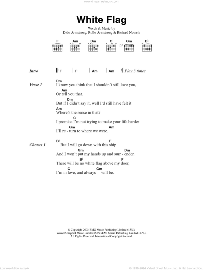 White Flag sheet music for guitar (chords) by Dido Armstrong, Rick Nowels and Rollo Armstrong, intermediate skill level