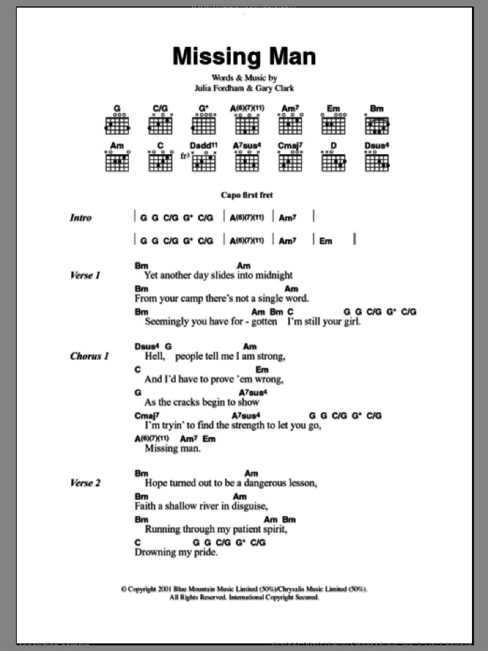 Missing Man sheet music for guitar (chords) by Julia Fordham and Gary Clark, intermediate skill level