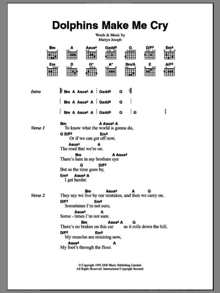 Dolphins Make Me Cry sheet music for guitar (chords) by Martyn Joseph, intermediate skill level