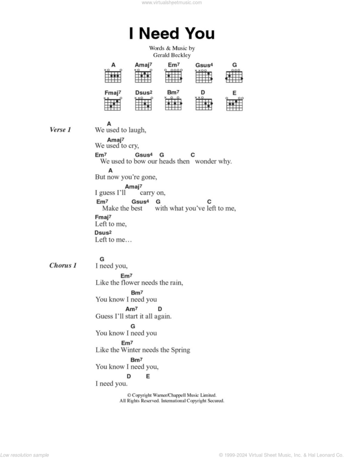 I Need You sheet music for guitar (chords) by America and Gerald Beckley, intermediate skill level