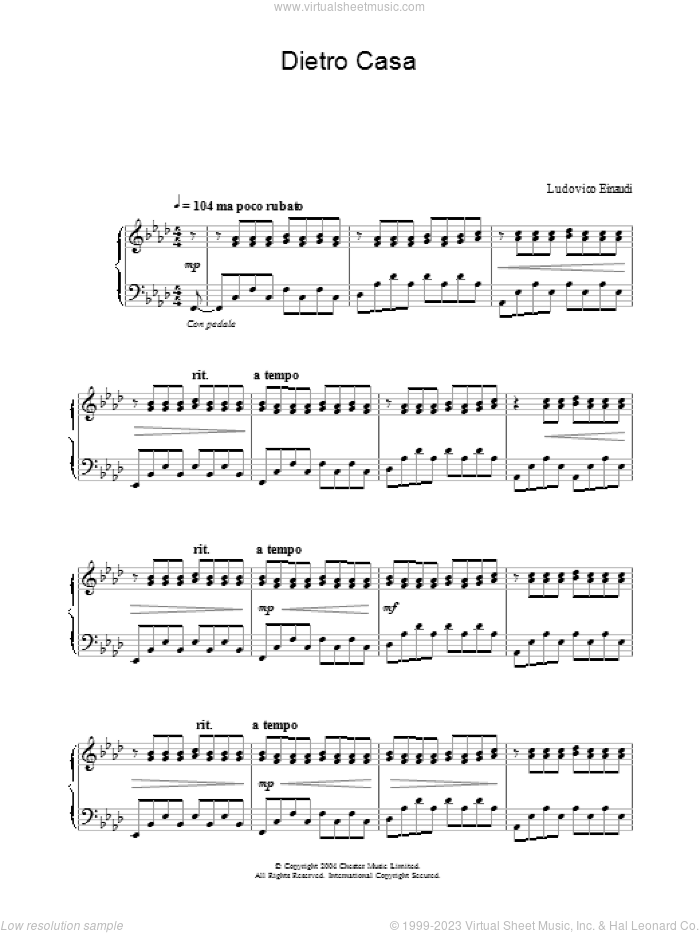 Dietro Casa sheet music for piano solo by Ludovico Einaudi, classical score, intermediate skill level
