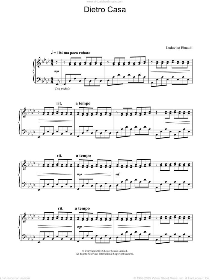 Dietro Casa sheet music for piano solo by Ludovico Einaudi, classical score, intermediate skill level