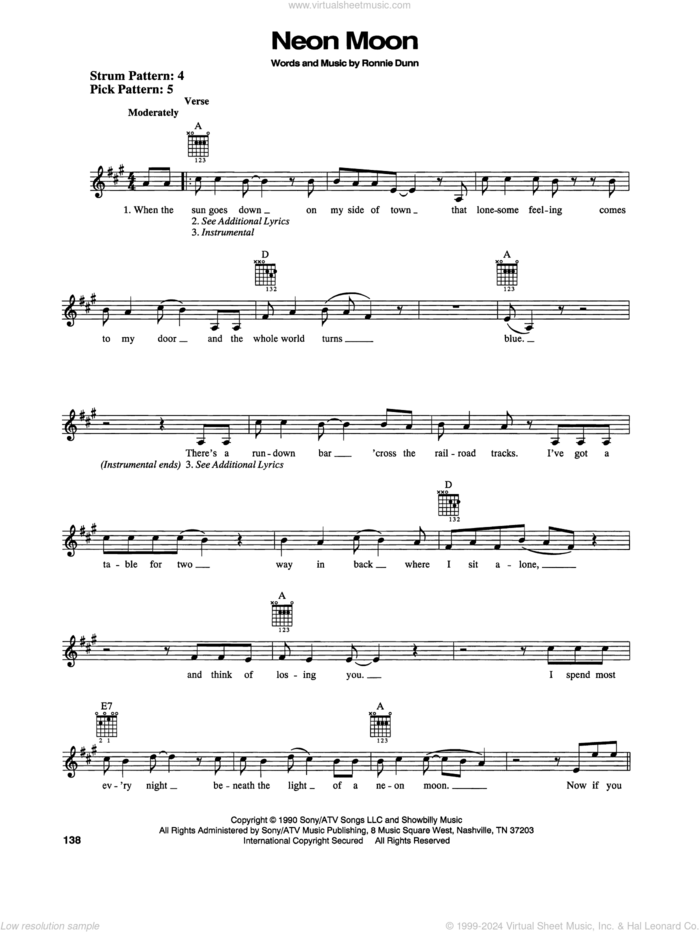 Neon Moon sheet music for guitar solo (chords) by Brooks & Dunn and Ronnie Dunn, easy guitar (chords)