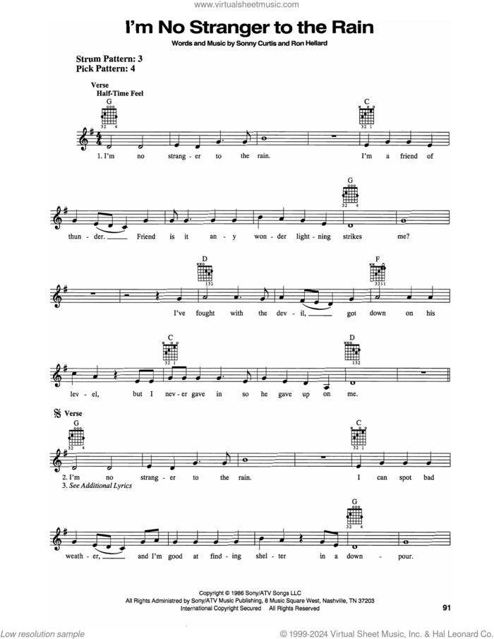 I'm No Stranger To The Rain sheet music for guitar solo (chords) by Keith Whitley, Ron Hellard and Sonny Curtis, easy guitar (chords)