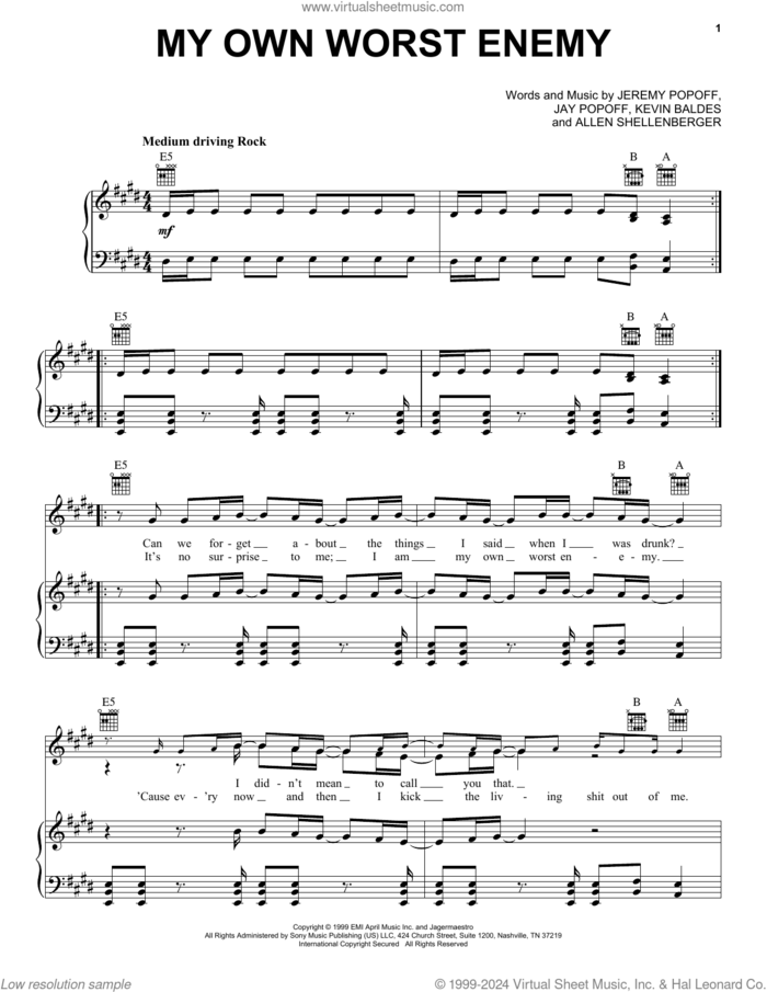 My Own Worst Enemy sheet music for voice, piano or guitar by Lit, Allen Shellenberger, Jay Popoff, Jeremy Popoff and Kevin Baldes, intermediate skill level