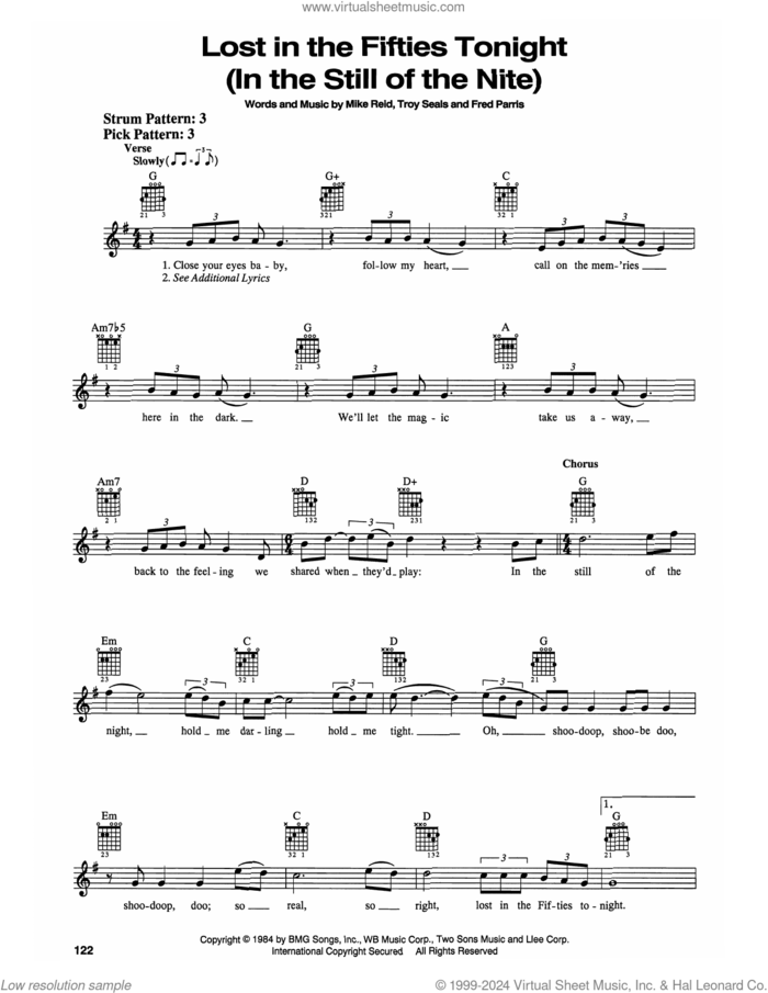 Lost In The Fifties Tonight (In The Still Of The Nite) sheet music for guitar solo (chords) by Ronnie Milsap, Fred Parrish, Mike Reid and Troy Seals, easy guitar (chords)