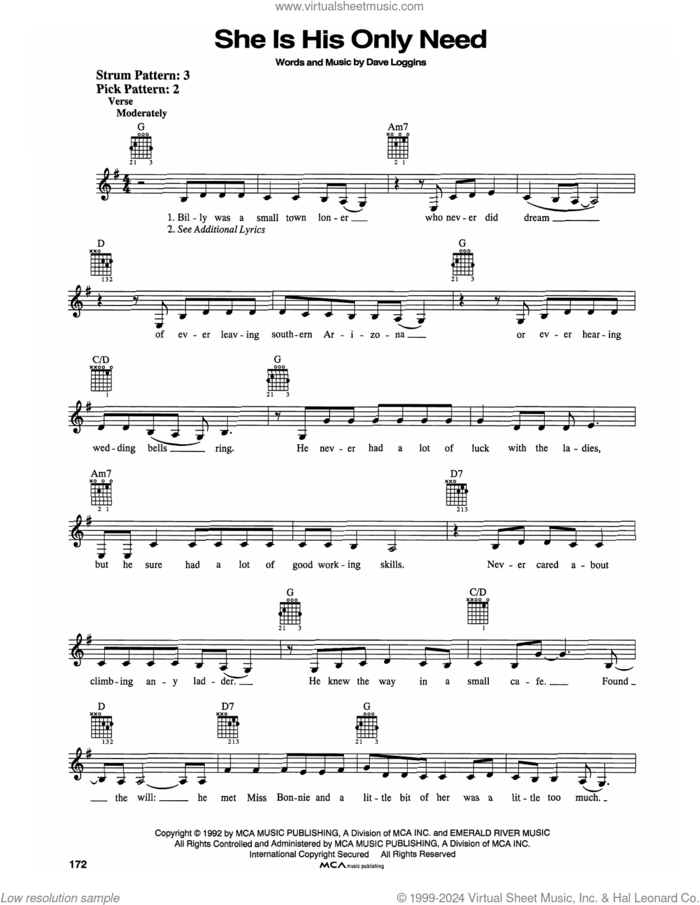 She Is His Only Need sheet music for guitar solo (chords) by Wynonna Judd and Dave Loggins, easy guitar (chords)