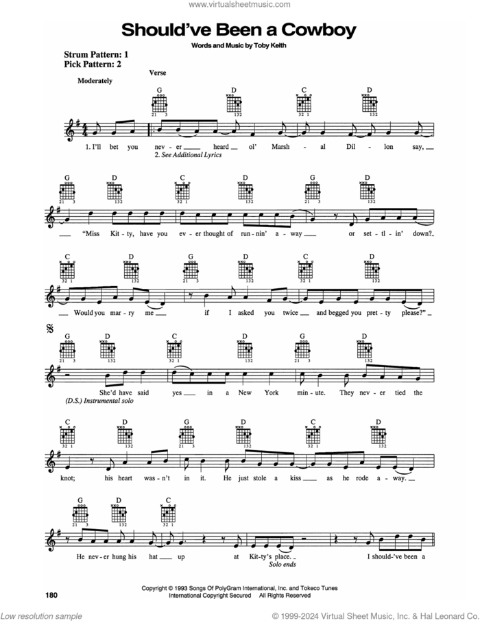 Should've Been A Cowboy sheet music for guitar solo (chords) by Toby Keith, easy guitar (chords)