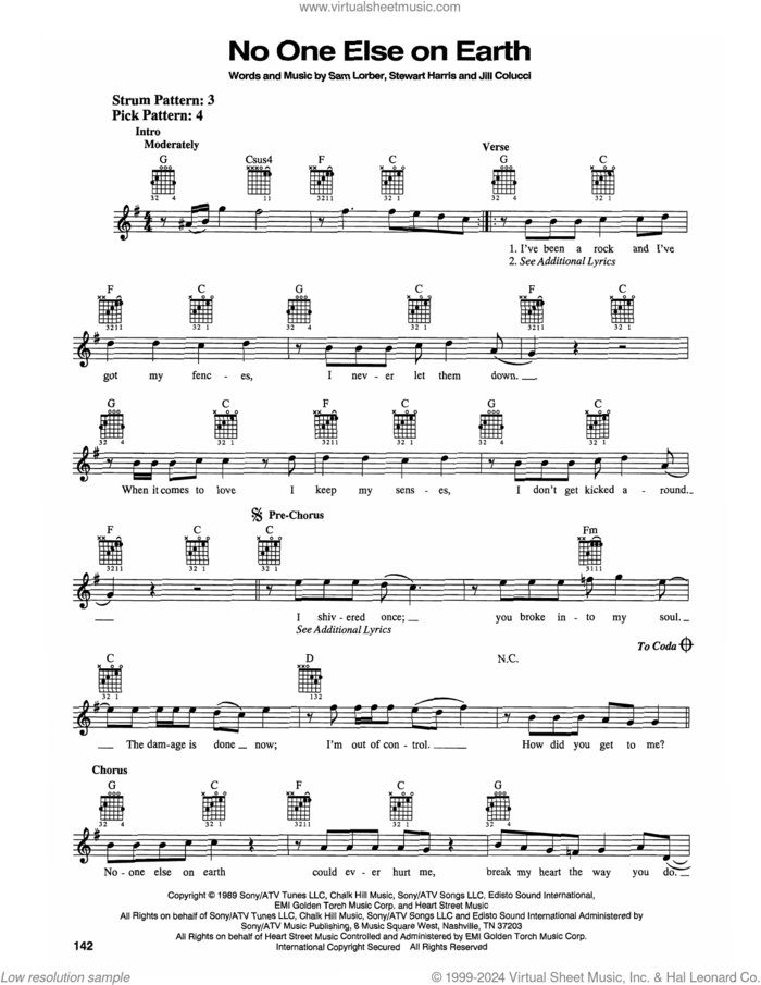 No One Else On Earth sheet music for guitar solo (chords) by Wynonna Judd, Jill Colucci, Sam Lorber and Stewart Harris, easy guitar (chords)