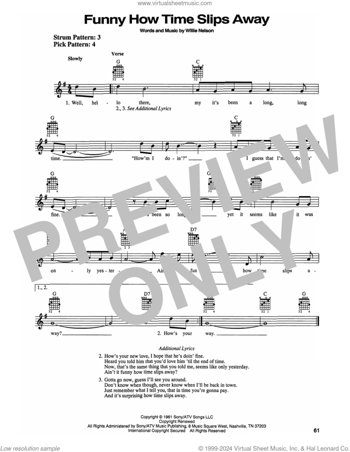Funny How Time Slips Away sheet music for guitar solo (chords) by Billy Walker, Elvis Presley and Willie Nelson, easy guitar (chords)