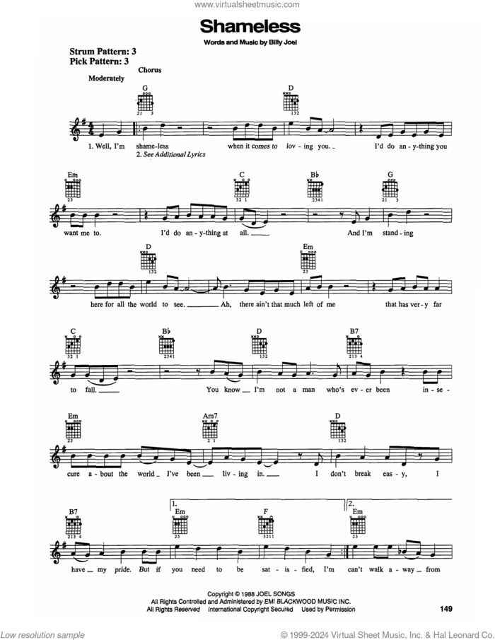 Shameless sheet music for guitar solo (chords) by Billy Joel and Garth Brooks, easy guitar (chords)