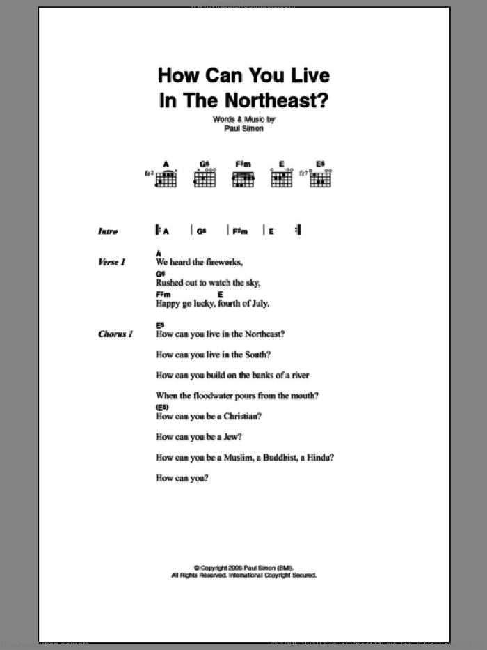 How Can You Live In The Northeast sheet music for guitar (chords) by Paul Simon, intermediate skill level