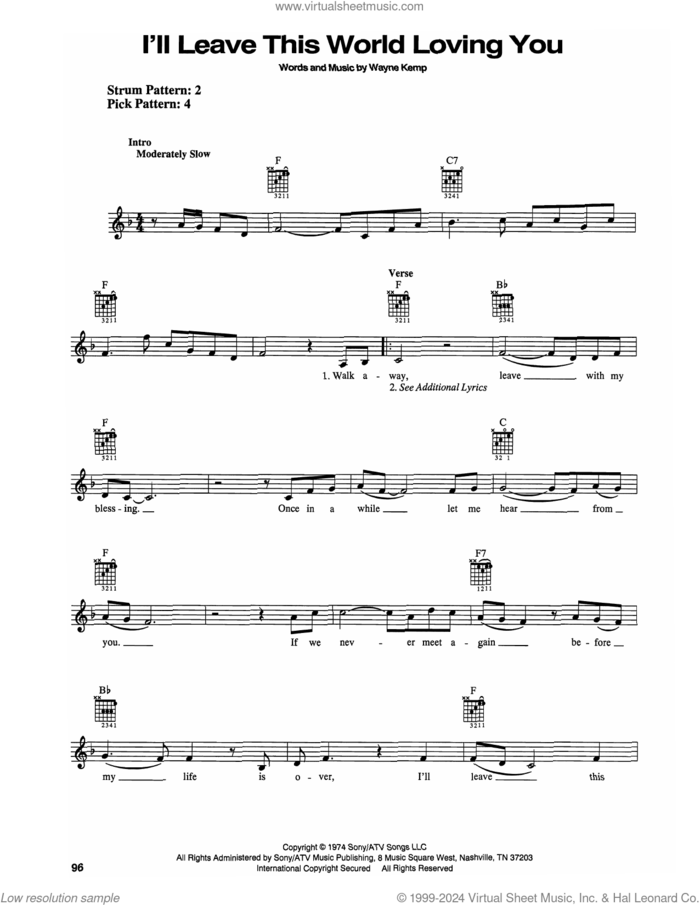 I'll Leave This World Loving You sheet music for guitar solo (chords) by Ricky Van Shelton and Wayne Kemp, easy guitar (chords)