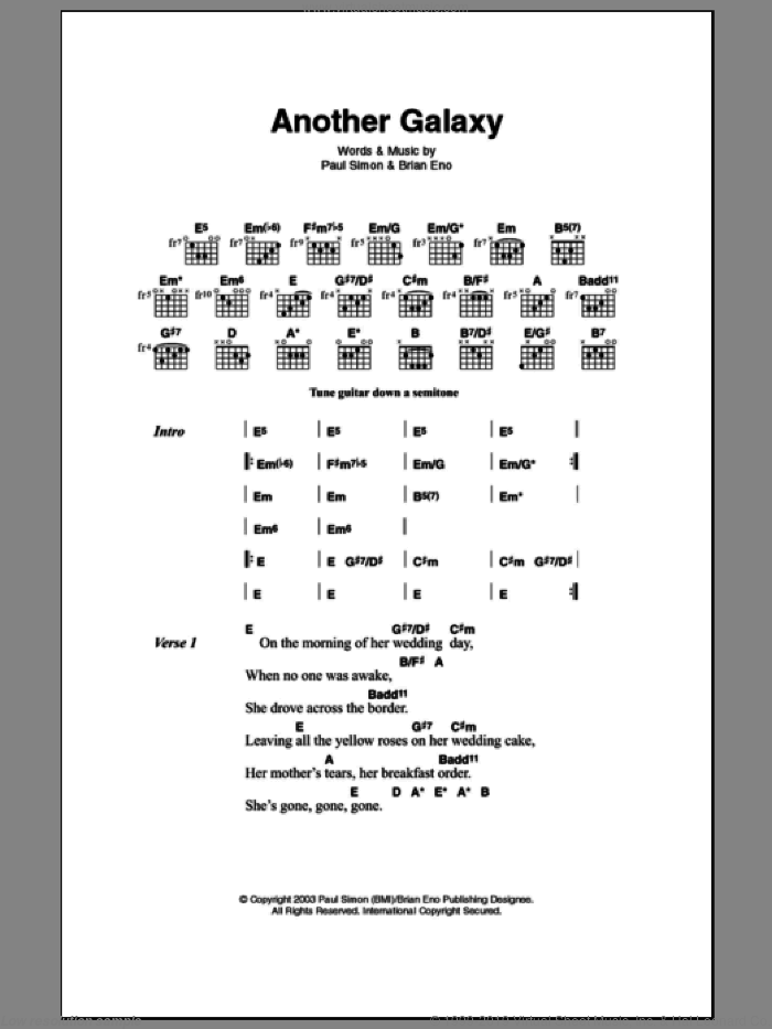 Another Galaxy sheet music for guitar (chords) by Paul Simon and Brian Eno, intermediate skill level