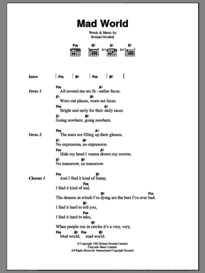 Mad World sheet music for guitar (chords) by Tears For Fears and Roland Orzabal, intermediate skill level
