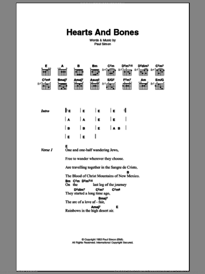 Hearts And Bones sheet music for guitar (chords) by Paul Simon, intermediate skill level