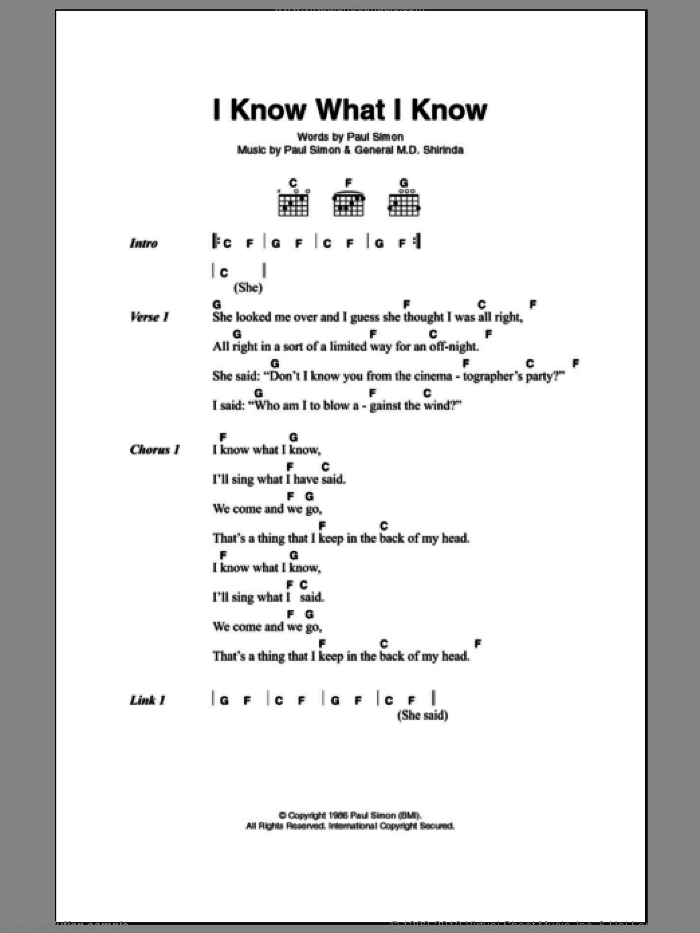 I Know What I Know sheet music for guitar (chords) by Paul Simon and General M.D. Shirinda, intermediate skill level