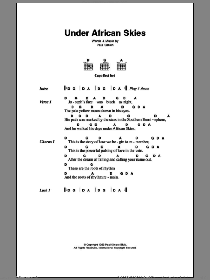 Under African Skies sheet music for guitar (chords) by Paul Simon, intermediate skill level