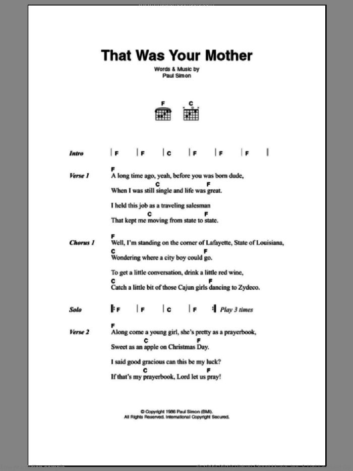 That Was Your Mother sheet music for guitar (chords) by Paul Simon, intermediate skill level