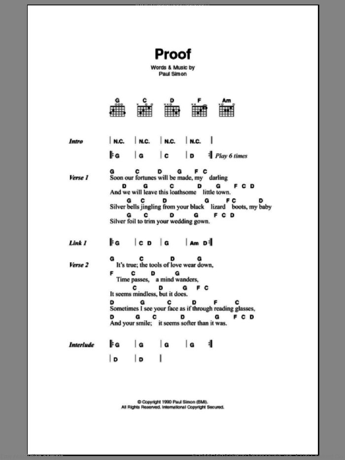 Proof sheet music for guitar (chords) by Paul Simon, intermediate skill level