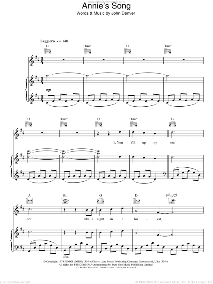 Annie's Song sheet music for voice, piano or guitar by Rhydian and John Denver, intermediate skill level