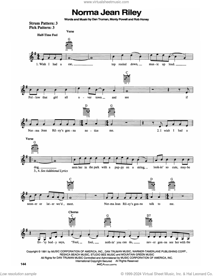 Norma Jean Riley sheet music for guitar solo (chords) by Diamond Rio, Dan Truman, Monty Powell and Rob Honey, easy guitar (chords)