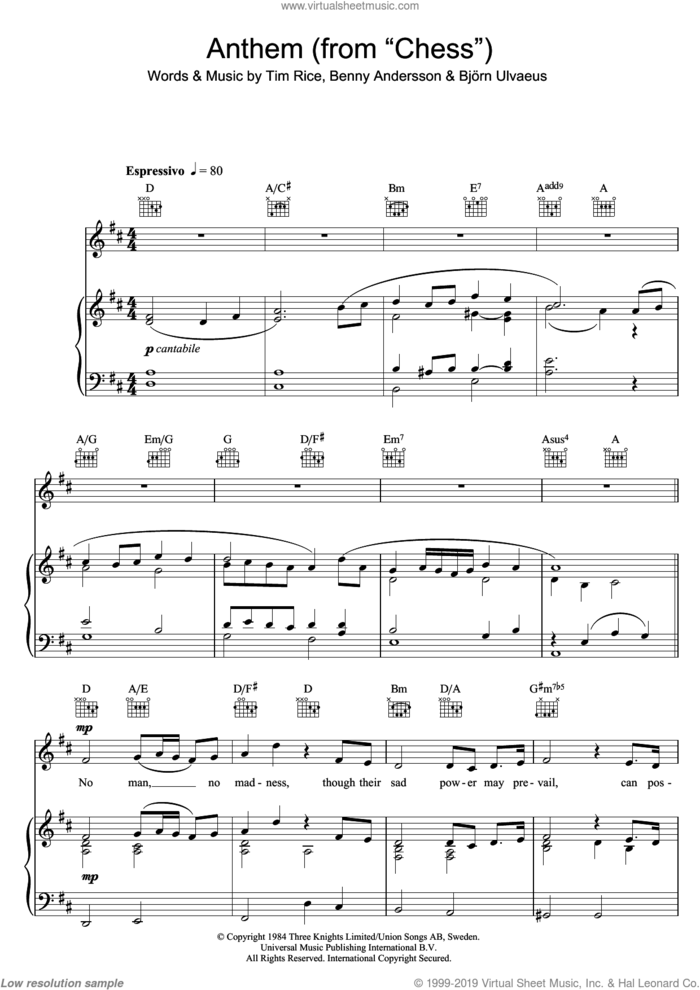 Anthem (from Chess) sheet music for voice, piano or guitar by Rhydian, Benny Andersson, Bjorn Ulvaeus, Miscellaneous and Tim Rice, intermediate skill level