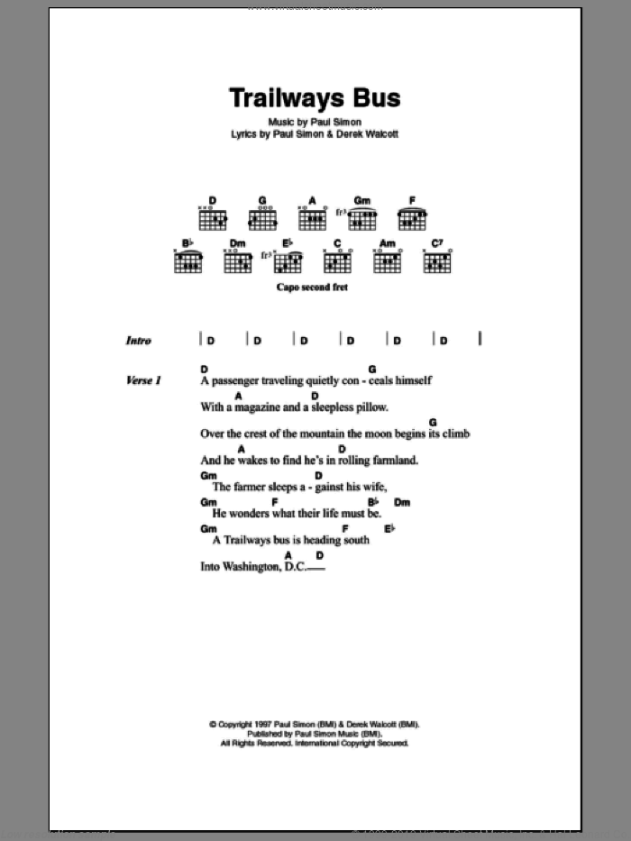 Trailways Bus sheet music for guitar (chords) by Paul Simon and Derek Walcott, intermediate skill level