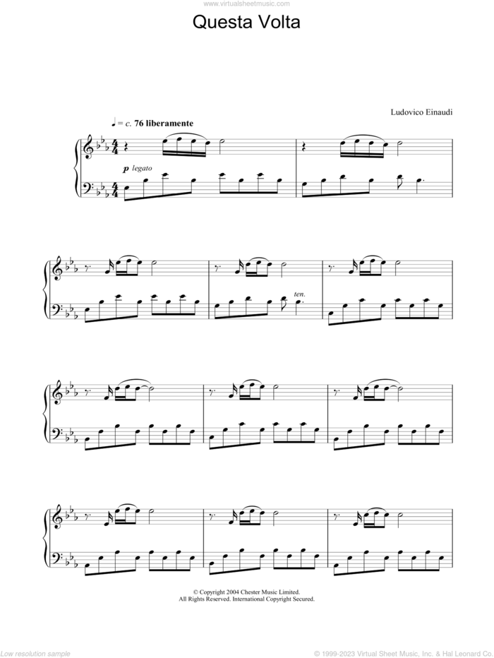 Questa Volta sheet music for piano solo by Ludovico Einaudi, classical score, intermediate skill level