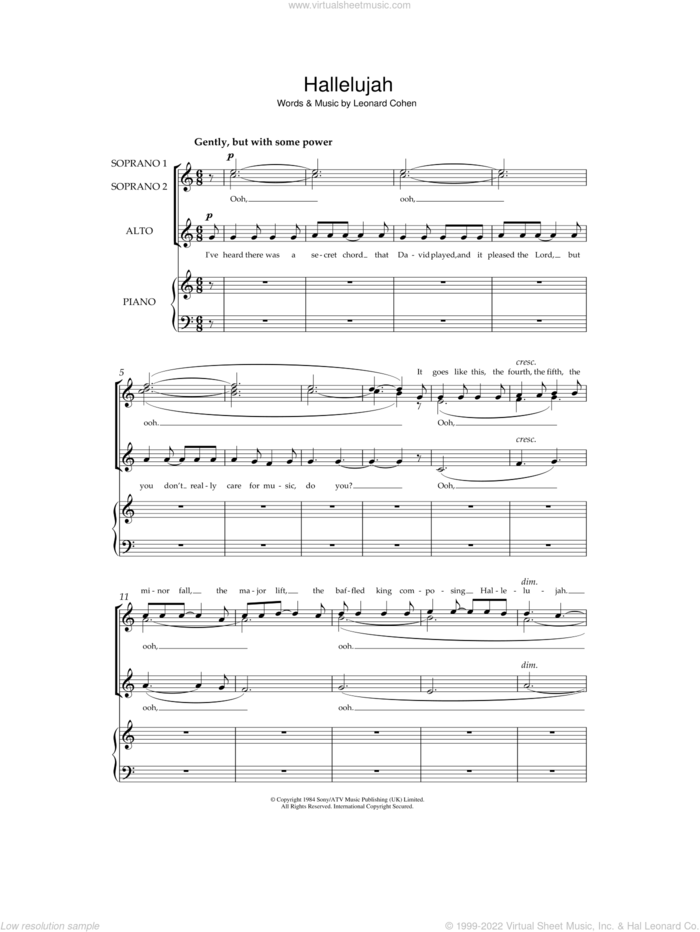 Hallelujah sheet music for choir (SSA: soprano, alto) by Leonard Cohen, intermediate skill level