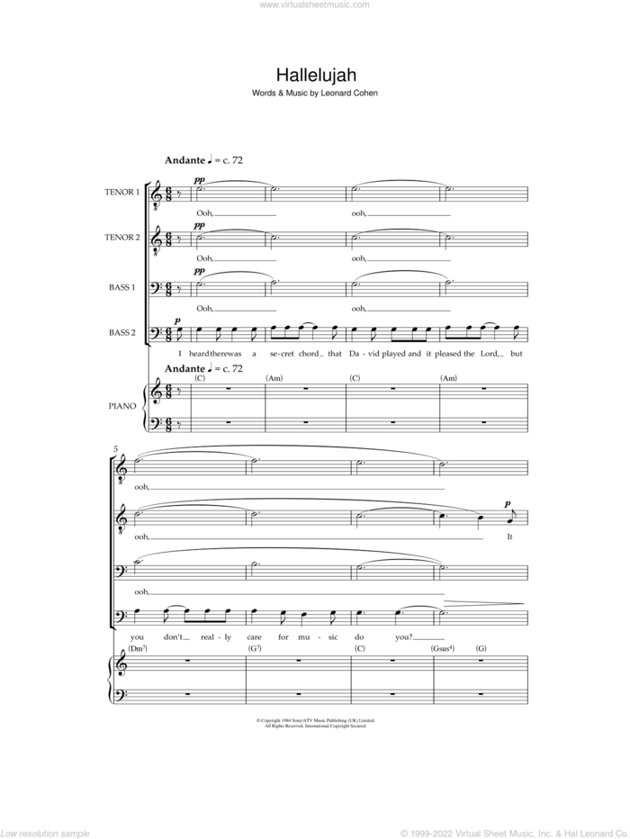 Hallelujah sheet music for choir (TTBB: tenor, bass) by Leonard Cohen, intermediate skill level