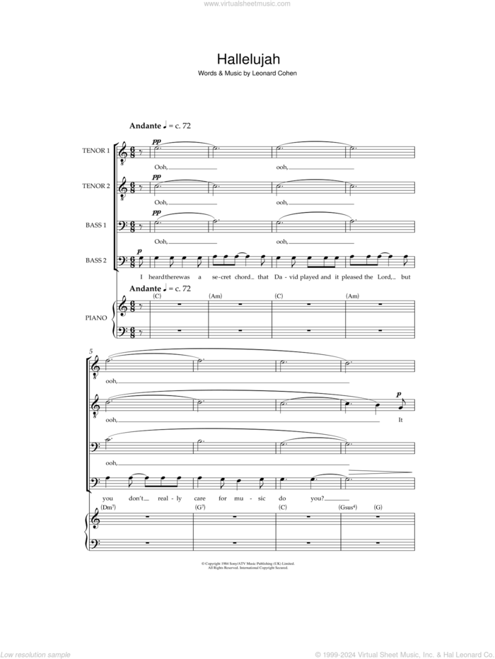 Hallelujah sheet music for choir (TTBB: tenor, bass) by Leonard Cohen, intermediate skill level