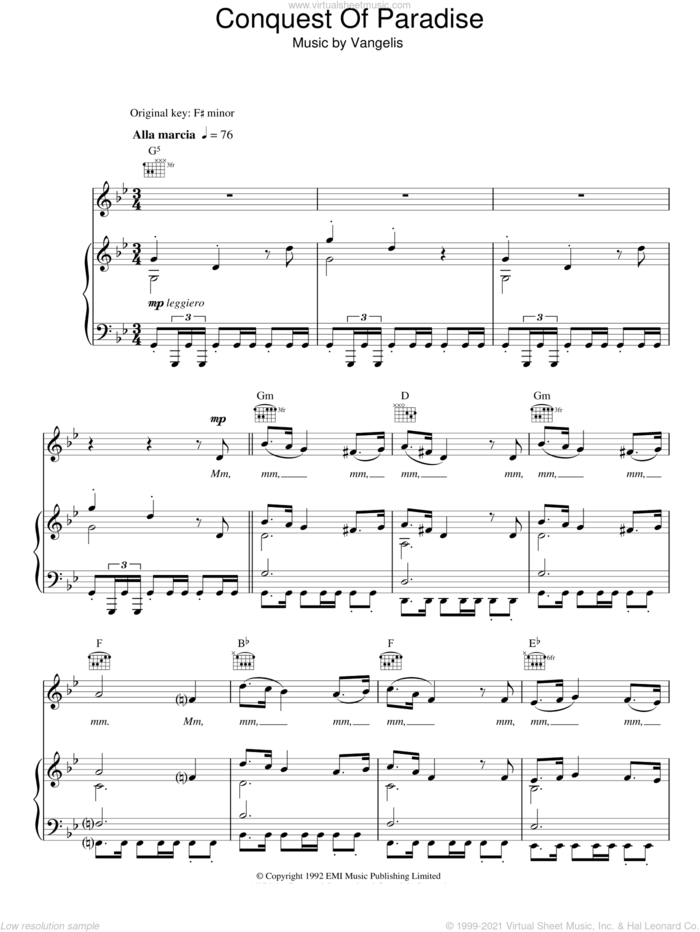 Conquest Of Paradise sheet music for voice, piano or guitar by Rhydian and Vangelis, intermediate skill level