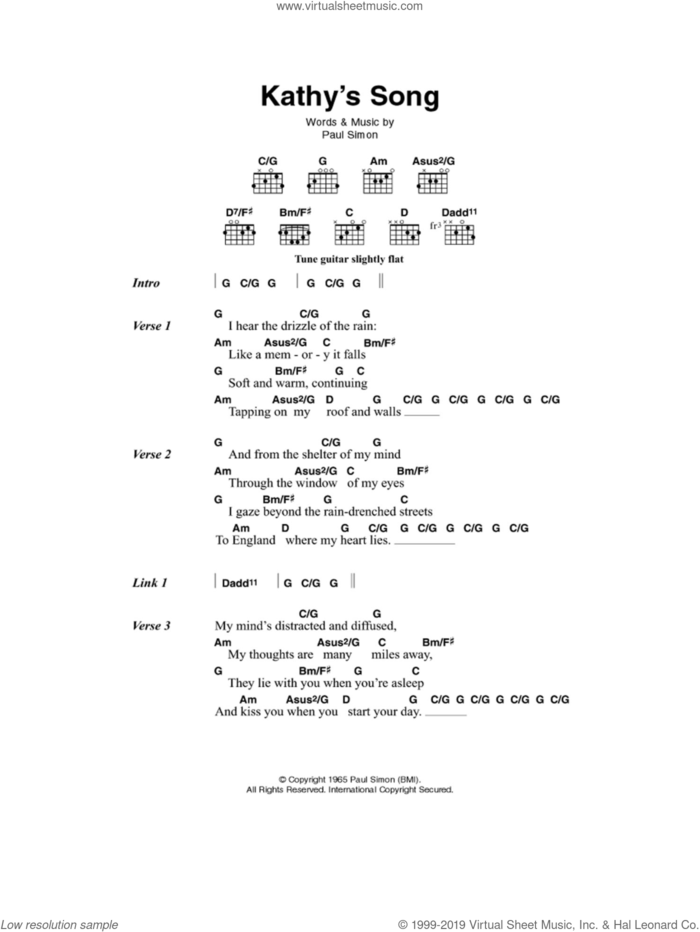 Kathy's Song sheet music for guitar (chords) by Simon & Garfunkel and Paul Simon, intermediate skill level