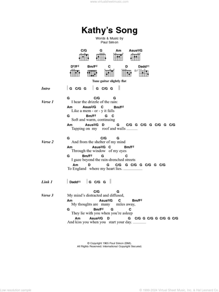 Kathy's Song sheet music for guitar (chords) by Simon & Garfunkel and Paul Simon, intermediate skill level