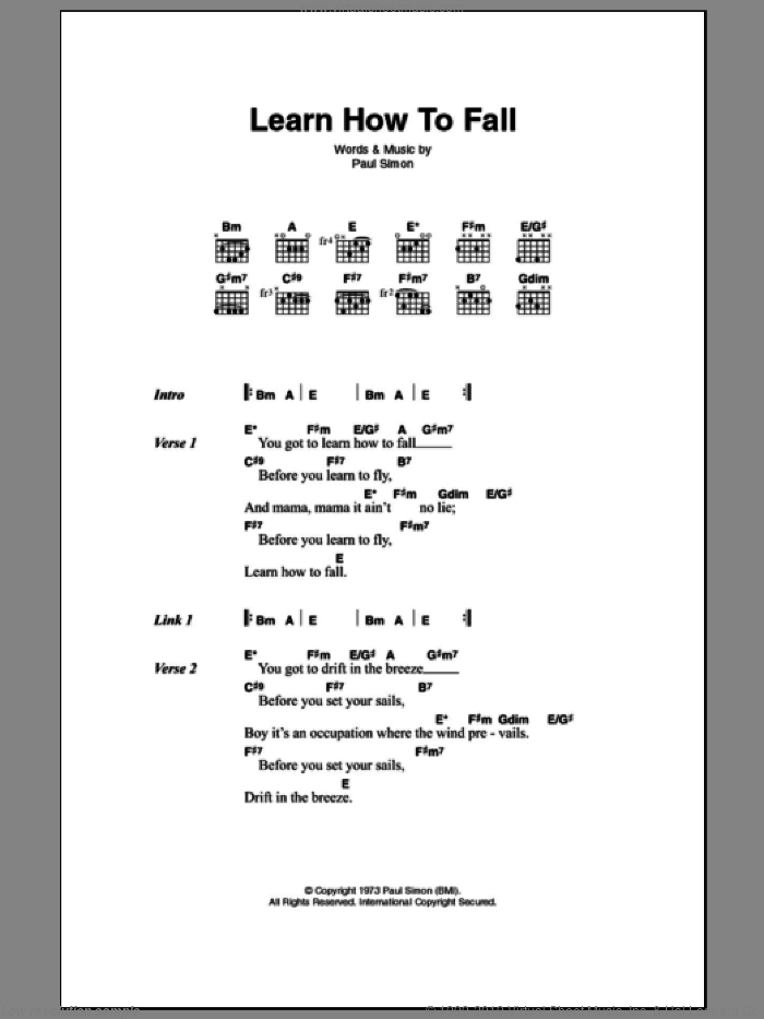 Learn How To Fall sheet music for guitar (chords) by Paul Simon, intermediate skill level