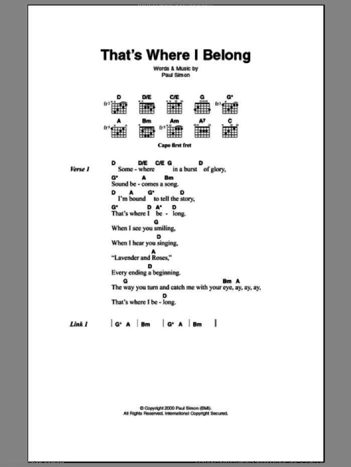 That's Where I Belong sheet music for guitar (chords) by Paul Simon, intermediate skill level