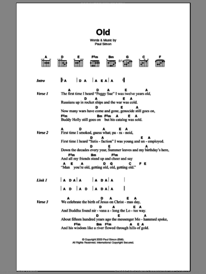 Old sheet music for guitar (chords) by Paul Simon, intermediate skill level