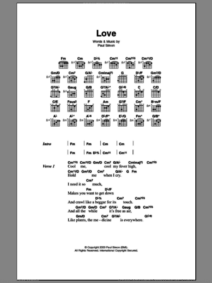 Love sheet music for guitar (chords) by Paul Simon, intermediate skill level