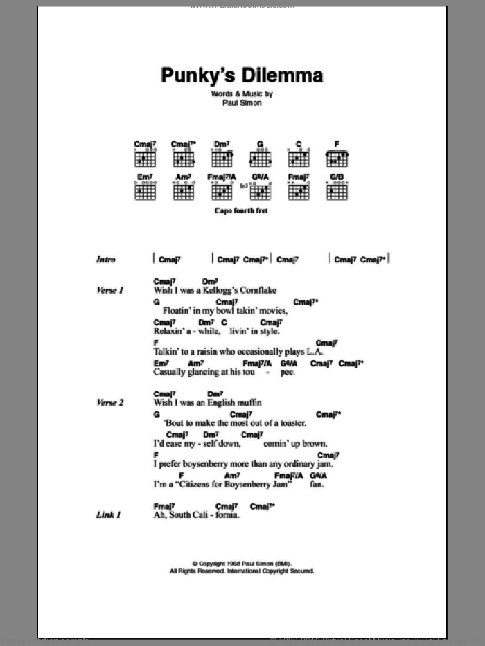 Punky's Dilemma sheet music for guitar (chords) by Simon & Garfunkel and Paul Simon, intermediate skill level